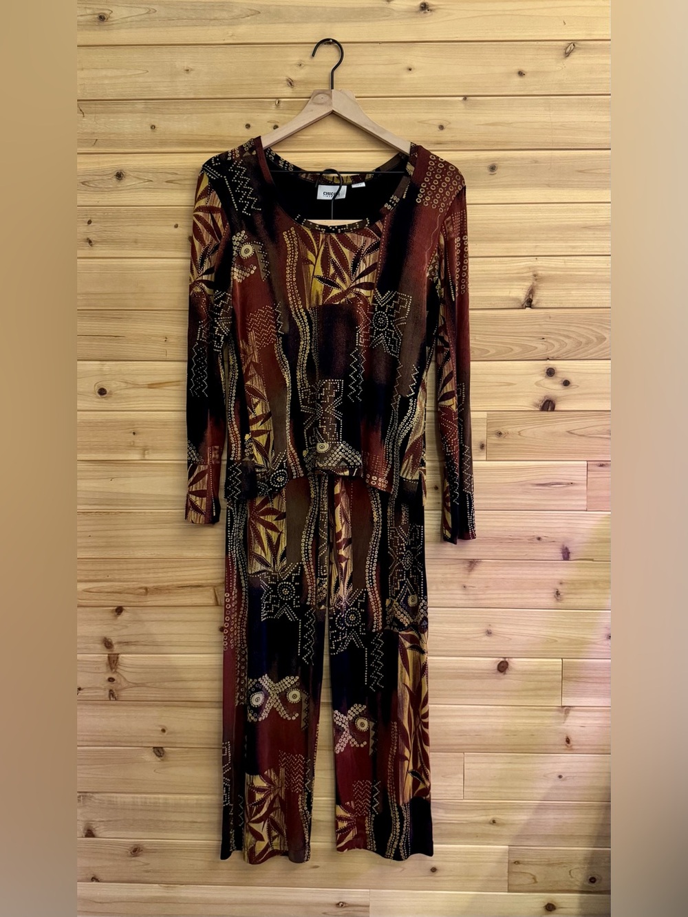 Chicos Travelers Size 0/Small Brown Aztec Patchwork Floral Leaf Set Anti Wrinkle
